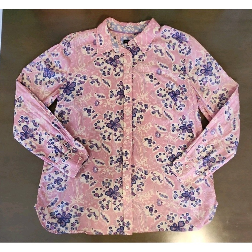 Talbots Pink Purple Paisley Floral Button-up Large Cotton Boho Cottagecore Top
